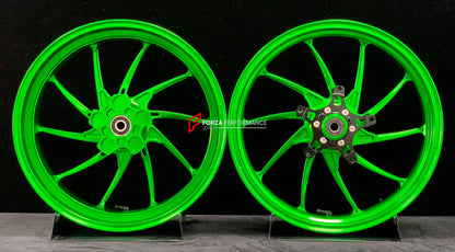 We manufacture premium quality forged motorcycle wheels rims for KAWASAKI ZX4R ZX4RSE in any design, size, color.

Wheel sizes (motorcycle spec):

Front: 3.5 x 17

Rear: 4.5 x 17

Weight:

Front: 5.05 kg (11.13 lbs)

Rear: 5.2 kg (11.46 lbs)


Finishing: Gloss Green

Forza Performance Group engineers and manufactures each forged motorcycle wheel individually per order. This ensures precise fitment, uncompromised strength, and unique styling. Whether for racing, touring, or daily use — our wheels are built f