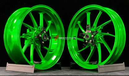 We manufacture premium quality forged motorcycle wheels rims for KAWASAKI ZX4R ZX4RSE in any design, size, color.

Wheel sizes (motorcycle spec):

Front: 3.5 x 17

Rear: 4.5 x 17

Weight:

Front: 5.05 kg (11.13 lbs)

Rear: 5.2 kg (11.46 lbs)


Finishing: Gloss Green

Forza Performance Group engineers and manufactures each forged motorcycle wheel individually per order. This ensures precise fitment, uncompromised strength, and unique styling. Whether for racing, touring, or daily use — our wheels are built f