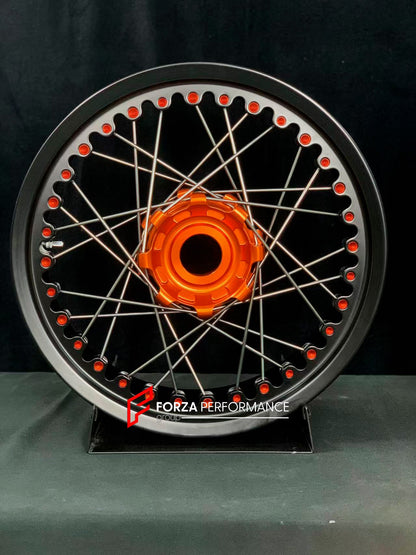 We manufacture premium quality forged motorcycle wheels rims for KTM 1290 in any design, size, color.

Wheel sizes (motorcycle spec):

Front: 3.5 x 17

Rear: 6 x 17

Weight:

Front: 3.9 kg (8.6 lbs)

Rear: 5.55 kg (12.24 lbs)


Finishing: Matt Black with KTM Orange

Forza Performance Group engineers and manufactures each forged motorcycle wheel individually per order. This ensures precise fitment, uncompromised strength, and unique styling. Whether for racing, touring, or daily use — our wheels are built fo