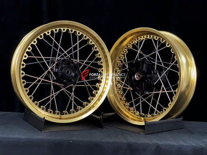 We manufacture premium quality forged motorcycle wheels rims for KTM 390 in any design, size, color.

Wheel sizes (motorcycle spec):

Front: 3.5 x 19

Rear: 4.5 x 17

Weight:

Front: 5.2 kg (11.46 lbs)

Rear: 6.25 kg (13.78 lbs)


Finishing: Gloss Gold

Forza Performance Group engineers and manufactures each forged motorcycle wheel individually per order. This ensures precise fitment, uncompromised strength, and unique styling. Whether for racing, touring, or daily use — our wheels are built for both perfor