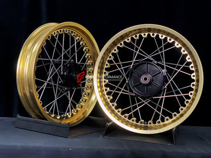 We manufacture premium quality forged motorcycle wheels rims for KTM 390 in any design, size, color.

Wheel sizes (motorcycle spec):

Front: 3.5 x 19

Rear: 4.5 x 17

Weight:

Front: 5.2 kg (11.46 lbs)

Rear: 6.25 kg (13.78 lbs)


Finishing: Gloss Gold

Forza Performance Group engineers and manufactures each forged motorcycle wheel individually per order. This ensures precise fitment, uncompromised strength, and unique styling. Whether for racing, touring, or daily use — our wheels are built for both perfor