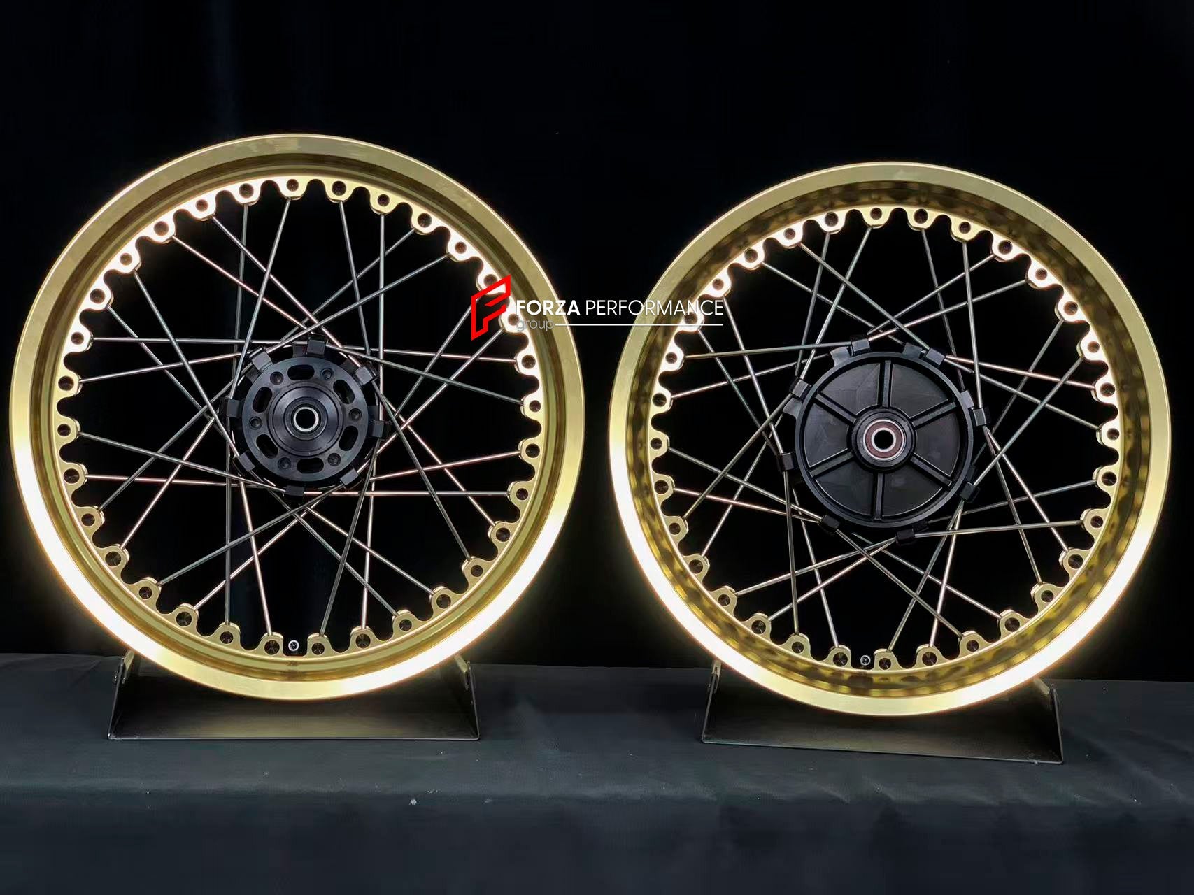We manufacture premium quality forged motorcycle wheels rims for KTM 390 in any design, size, color.

Wheel sizes (motorcycle spec):

Front: 3.5 x 19

Rear: 4.5 x 17

Weight:

Front: 5.2 kg (11.46 lbs)

Rear: 6.25 kg (13.78 lbs)


Finishing: Gloss Gold

Forza Performance Group engineers and manufactures each forged motorcycle wheel individually per order. This ensures precise fitment, uncompromised strength, and unique styling. Whether for racing, touring, or daily use — our wheels are built for both perfor