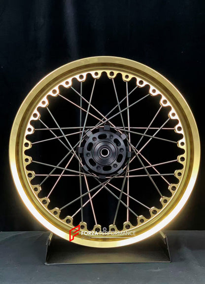 We manufacture premium quality forged motorcycle wheels rims for KTM 390 in any design, size, color.

Wheel sizes (motorcycle spec):

Front: 3.5 x 19

Rear: 4.5 x 17

Weight:

Front: 5.2 kg (11.46 lbs)

Rear: 6.25 kg (13.78 lbs)


Finishing: Gloss Gold

Forza Performance Group engineers and manufactures each forged motorcycle wheel individually per order. This ensures precise fitment, uncompromised strength, and unique styling. Whether for racing, touring, or daily use — our wheels are built for both perfor