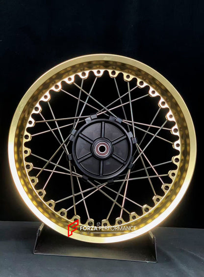 We manufacture premium quality forged motorcycle wheels rims for KTM 390 in any design, size, color.

Wheel sizes (motorcycle spec):

Front: 3.5 x 19

Rear: 4.5 x 17

Weight:

Front: 5.2 kg (11.46 lbs)

Rear: 6.25 kg (13.78 lbs)


Finishing: Gloss Gold

Forza Performance Group engineers and manufactures each forged motorcycle wheel individually per order. This ensures precise fitment, uncompromised strength, and unique styling. Whether for racing, touring, or daily use — our wheels are built for both perfor