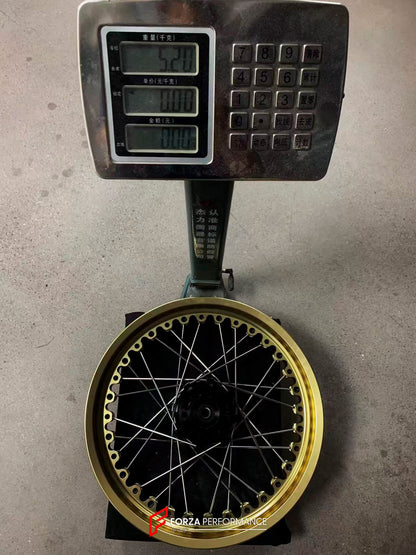 We manufacture premium quality forged motorcycle wheels rims for KTM 390 in any design, size, color.

Wheel sizes (motorcycle spec):

Front: 3.5 x 19

Rear: 4.5 x 17

Weight:

Front: 5.2 kg (11.46 lbs)

Rear: 6.25 kg (13.78 lbs)


Finishing: Gloss Gold

Forza Performance Group engineers and manufactures each forged motorcycle wheel individually per order. This ensures precise fitment, uncompromised strength, and unique styling. Whether for racing, touring, or daily use — our wheels are built for both perfor