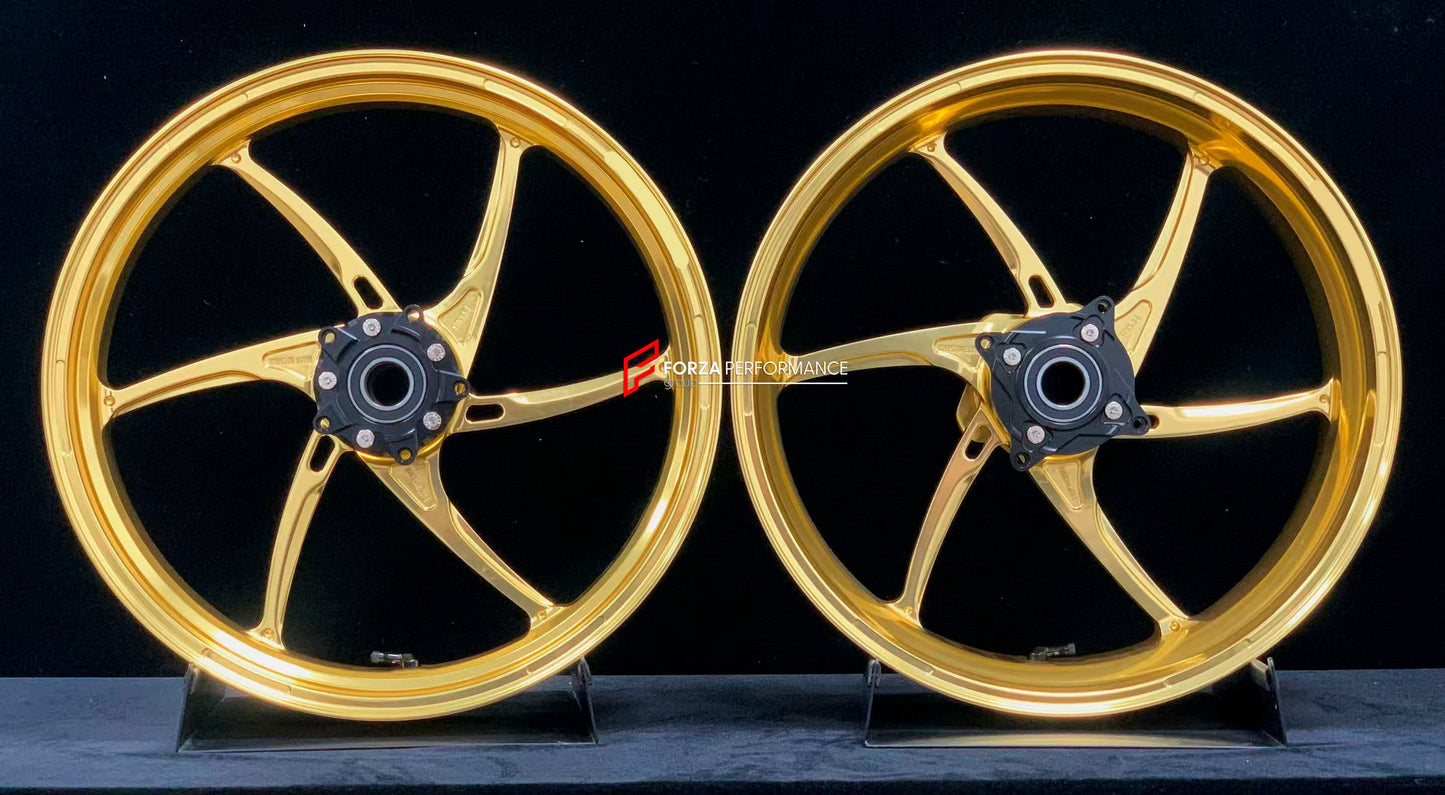 We manufacture premium quality forged motorcycle wheels rims for KAWASAKI ZX6R in any design, size, color.

Wheel sizes (motorcycle spec):

Front: 3.5 x 17

Rear: 5.5 x 17

Weight:

Front: 3.8 kg (8.38 lbs)

Rear: 4.85 kg (10.69 lbs)


Finishing: Gloss Gold

Forza Performance Group engineers and manufactures each forged motorcycle wheel individually per order. This ensures precise fitment, uncompromised strength, and unique styling. Whether for racing, touring, or daily use — our wheels are built for both p