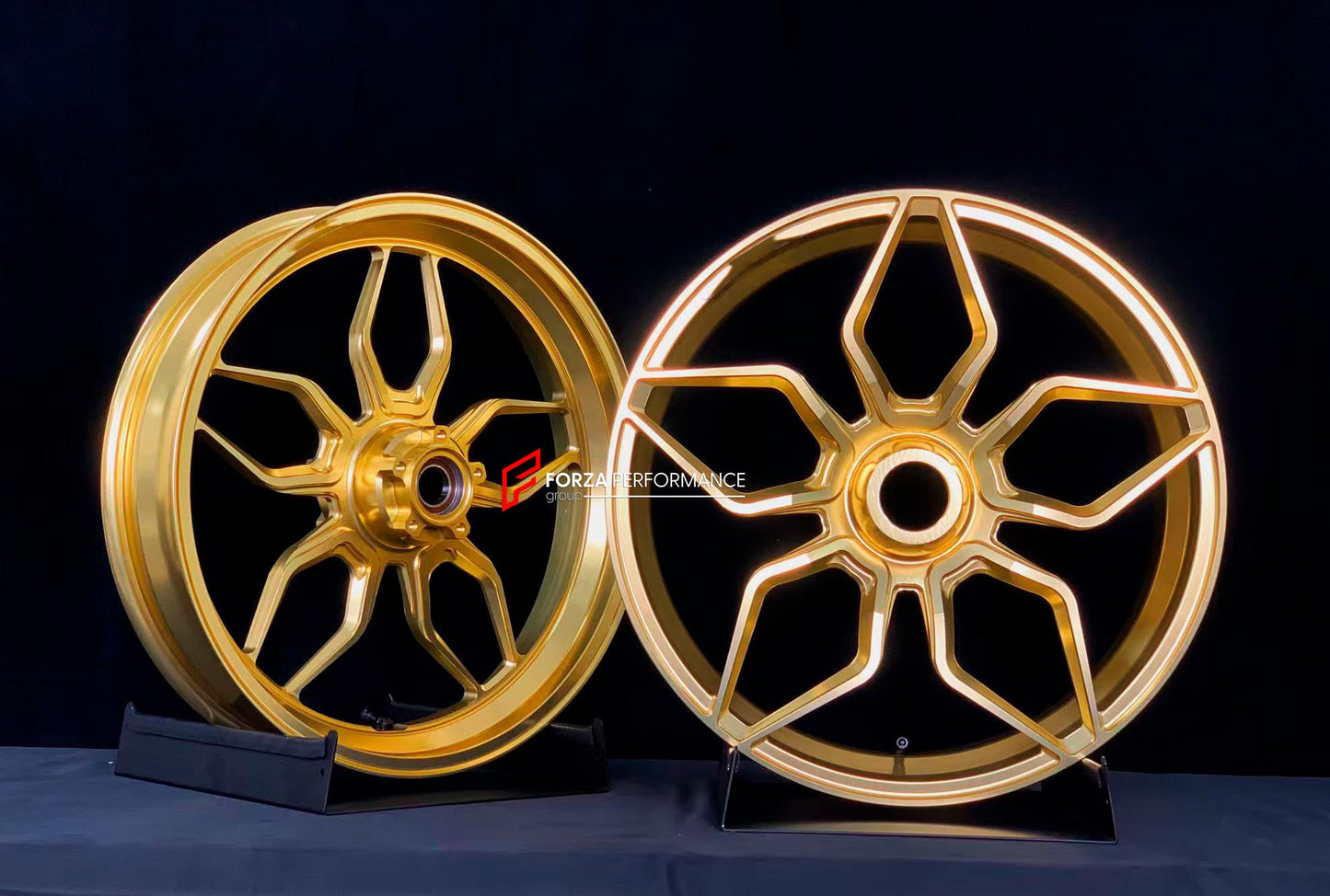 We manufacture premium quality forged motorcycle wheels rims for KTM 1290 in any design, size, color.

Wheel sizes (motorcycle spec):

Front: 3.5 x 17

Rear: 6 x 17

Weight:

Front: 3.8 kg (8.38 lbs)

Rear: 4.1 kg (9.04 lbs)

Finishing: Gloss Gold

Forza Performance Group engineers and manufactures each forged motorcycle wheel individually per order. This ensures precise fitment, uncompromised strength, and unique styling. Whether for racing, touring, or daily use — our wheels are built for both performance