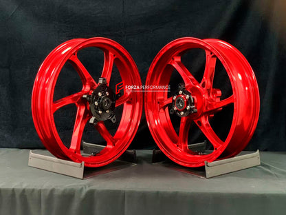 We manufacture premium quality forged motorcycle wheels rims for KAWASAKI NINJA 400 400R in any design, size, color.

Wheel sizes (motorcycle spec):

Front: 3 x 17

Rear: 4 x 17

Weight:

Front: 3.65 kg (8.05 lbs)

Rear: 4.7 kg (10.36 lbs)


Finishing: Gloss Red

Forza Performance Group engineers and manufactures each forged motorcycle wheel individually per order. This ensures precise fitment, uncompromised strength, and unique styling. Whether for racing, touring, or daily use — our wheels are built for b
