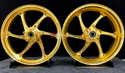 We manufacture premium quality forged motorcycle wheels rims for KAWASAKI ZX10R ZX10RR in any design, size, color.

Wheel sizes (motorcycle spec):

Front: 3.5 x 17

Rear: 6 x 17

Weight:

Front: 3.55 kg (7.82 lbs)

Rear: 5.05 kg (11.13 lbs)


Finishing: Gloss Gold

Forza Performance Group engineers and manufactures each forged motorcycle wheel individually per order. This ensures precise fitment, uncompromised strength, and unique styling. Whether for racing, touring, or daily use — our wheels are built for