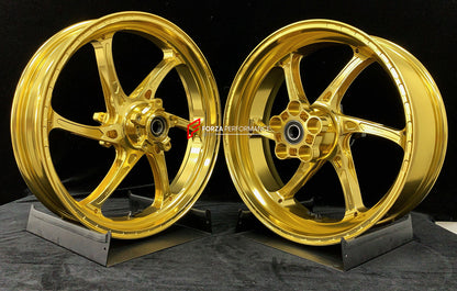 We manufacture premium quality forged motorcycle wheels rims for KAWASAKI ZX10R ZX10RR in any design, size, color.

Wheel sizes (motorcycle spec):

Front: 3.5 x 17

Rear: 6 x 17

Weight:

Front: 3.55 kg (7.82 lbs)

Rear: 5.05 kg (11.13 lbs)


Finishing: Gloss Gold

Forza Performance Group engineers and manufactures each forged motorcycle wheel individually per order. This ensures precise fitment, uncompromised strength, and unique styling. Whether for racing, touring, or daily use — our wheels are built for