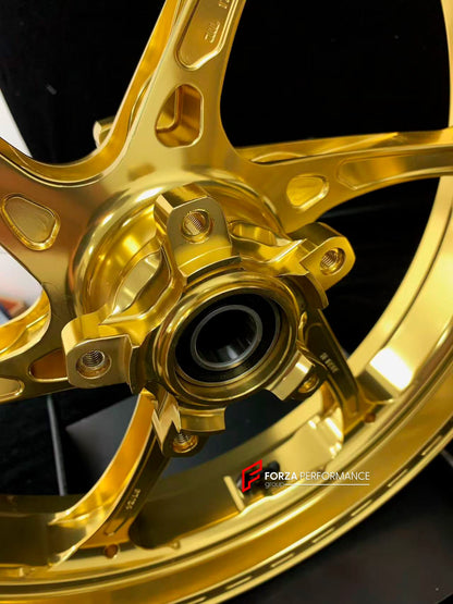 We manufacture premium quality forged motorcycle wheels rims for KAWASAKI ZX10R ZX10RR in any design, size, color.

Wheel sizes (motorcycle spec):

Front: 3.5 x 17

Rear: 6 x 17

Weight:

Front: 3.55 kg (7.82 lbs)

Rear: 5.05 kg (11.13 lbs)


Finishing: Gloss Gold

Forza Performance Group engineers and manufactures each forged motorcycle wheel individually per order. This ensures precise fitment, uncompromised strength, and unique styling. Whether for racing, touring, or daily use — our wheels are built for