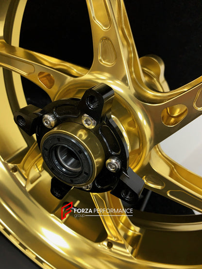 We manufacture premium quality forged motorcycle wheels rims for KAWASAKI ZX10R ZX10RR in any design, size, color.

Wheel sizes (motorcycle spec):

Front: 3.5 x 17

Rear: 6 x 17

Weight:

Front: 3.55 kg (7.82 lbs)

Rear: 5.05 kg (11.13 lbs)


Finishing: Gloss Gold

Forza Performance Group engineers and manufactures each forged motorcycle wheel individually per order. This ensures precise fitment, uncompromised strength, and unique styling. Whether for racing, touring, or daily use — our wheels are built for