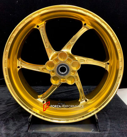 We manufacture premium quality forged motorcycle wheels rims for KAWASAKI ZX10R ZX10RR in any design, size, color.

Wheel sizes (motorcycle spec):

Front: 3.5 x 17

Rear: 6 x 17

Weight:

Front: 3.55 kg (7.82 lbs)

Rear: 5.05 kg (11.13 lbs)


Finishing: Gloss Gold

Forza Performance Group engineers and manufactures each forged motorcycle wheel individually per order. This ensures precise fitment, uncompromised strength, and unique styling. Whether for racing, touring, or daily use — our wheels are built for