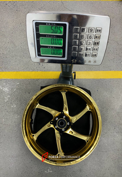 We manufacture premium quality forged motorcycle wheels rims for KAWASAKI ZX10R ZX10RR in any design, size, color.

Wheel sizes (motorcycle spec):

Front: 3.5 x 17

Rear: 6 x 17

Weight:

Front: 3.55 kg (7.82 lbs)

Rear: 5.05 kg (11.13 lbs)


Finishing: Gloss Gold

Forza Performance Group engineers and manufactures each forged motorcycle wheel individually per order. This ensures precise fitment, uncompromised strength, and unique styling. Whether for racing, touring, or daily use — our wheels are built for