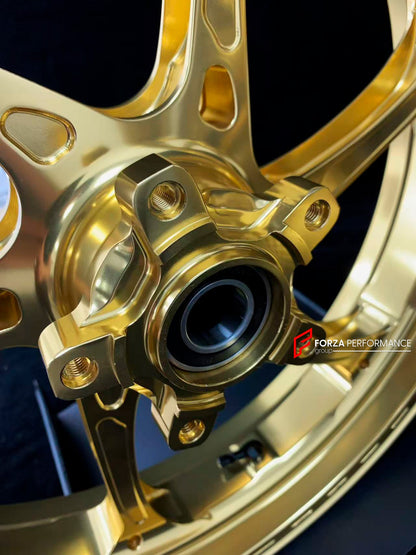 We manufacture premium quality forged motorcycle wheels rims for KAWASAKI ZX10R ZX10RR in any design, size, color.

Wheel sizes (motorcycle spec):

Front: 3.5 x 17

Rear: 6 x 17

Weight:

Front: 3.55 kg (7.82 lbs)

Rear: 5.05 kg (11.13 lbs)


Finishing: Gloss Gold

Forza Performance Group engineers and manufactures each forged motorcycle wheel individually per order. This ensures precise fitment, uncompromised strength, and unique styling. Whether for racing, touring, or daily use — our wheels are built for