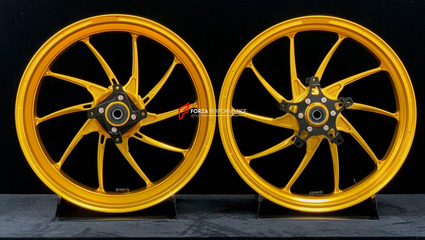 We manufacture premium quality forged motorcycle wheels rims for KAWASAKI ZX4R ZX4RSE in any design, size, color.

Wheel sizes (motorcycle spec):

Front: 3.5 x 17

Rear: 4.5 x 17

Weight:

Front: 5.05 kg (11.13 lbs)

Rear: 5.05 kg (11.13 lbs)


Finishing: Satin Gold

Forza Performance Group engineers and manufactures each forged motorcycle wheel individually per order. This ensures precise fitment, uncompromised strength, and unique styling. Whether for racing, touring, or daily use — our wheels are built f