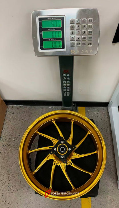 We manufacture premium quality forged motorcycle wheels rims for KAWASAKI ZX4R ZX4RSE in any design, size, color.

Wheel sizes (motorcycle spec):

Front: 3.5 x 17

Rear: 4.5 x 17

Weight:

Front: 5.05 kg (11.13 lbs)

Rear: 5.05 kg (11.13 lbs)


Finishing: Satin Gold

Forza Performance Group engineers and manufactures each forged motorcycle wheel individually per order. This ensures precise fitment, uncompromised strength, and unique styling. Whether for racing, touring, or daily use — our wheels are built f