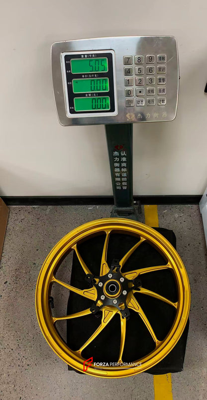 We manufacture premium quality forged motorcycle wheels rims for KAWASAKI ZX4R ZX4RSE in any design, size, color.

Wheel sizes (motorcycle spec):

Front: 3.5 x 17

Rear: 4.5 x 17

Weight:

Front: 5.05 kg (11.13 lbs)

Rear: 5.05 kg (11.13 lbs)


Finishing: Satin Gold

Forza Performance Group engineers and manufactures each forged motorcycle wheel individually per order. This ensures precise fitment, uncompromised strength, and unique styling. Whether for racing, touring, or daily use — our wheels are built f