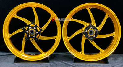 We manufacture premium quality forged motorcycle wheels rims for KAWASAKI NINJA Z900 SE Z900RS in any design, size, color.

Wheel sizes (motorcycle spec):

Front: 3.5 x 17

Rear: 5.5 x 17

Weight:

Front: 4.3 kg (9.48 lbs)

Rear: 4.8 kg (10.58 lbs)


Finishing: Gloss Gold

Forza Performance Group engineers and manufactures each forged motorcycle wheel individually per order. This ensures precise fitment, uncompromised strength, and unique styling. Whether for racing, touring, or daily use — our wheels are b