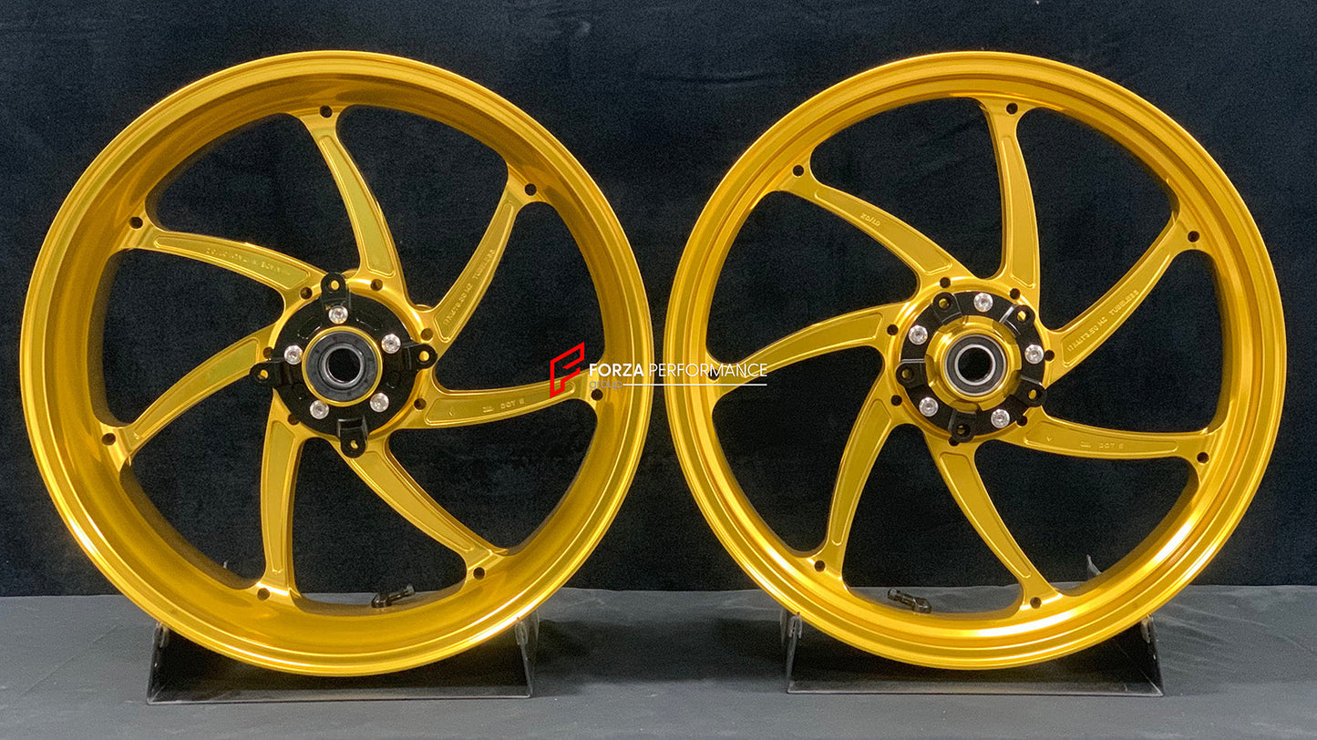 We manufacture premium quality forged motorcycle wheels rims for KAWASAKI ZX10R ZX10RR in any design, size, color.

Wheel sizes (motorcycle spec):

Front: 3.5 x 17

Rear: 6 x 17

Weight:

Front: 4.2 kg (19.26 lbs)

Rear: 5 kg (11.02 lbs)


Finishing: Satin Gold

Forza Performance Group engineers and manufactures each forged motorcycle wheel individually per order. This ensures precise fitment, uncompromised strength, and unique styling. Whether for racing, touring, or daily use — our wheels are built for bo