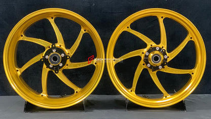We manufacture premium quality forged motorcycle wheels rims for KAWASAKI ZX10R ZX10RR in any design, size, color.

Wheel sizes (motorcycle spec):

Front: 3.5 x 17

Rear: 6 x 17

Weight:

Front: 4.2 kg (19.26 lbs)

Rear: 5 kg (11.02 lbs)


Finishing: Satin Gold

Forza Performance Group engineers and manufactures each forged motorcycle wheel individually per order. This ensures precise fitment, uncompromised strength, and unique styling. Whether for racing, touring, or daily use — our wheels are built for bo