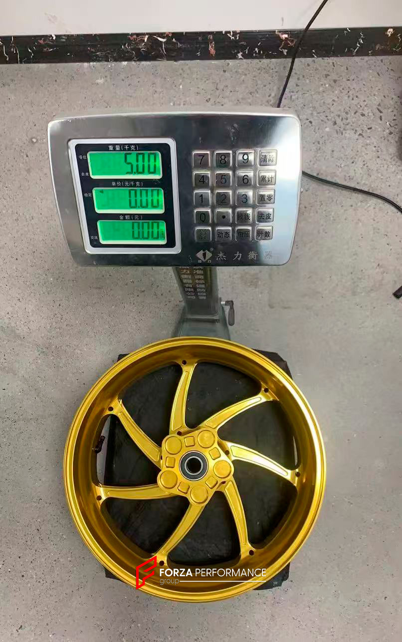 We manufacture premium quality forged motorcycle wheels rims for KAWASAKI ZX10R ZX10RR in any design, size, color.

Wheel sizes (motorcycle spec):

Front: 3.5 x 17

Rear: 6 x 17

Weight:

Front: 4.2 kg (19.26 lbs)

Rear: 5 kg (11.02 lbs)


Finishing: Satin Gold

Forza Performance Group engineers and manufactures each forged motorcycle wheel individually per order. This ensures precise fitment, uncompromised strength, and unique styling. Whether for racing, touring, or daily use — our wheels are built for bo