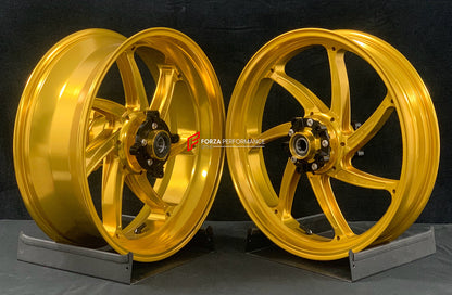 We manufacture premium quality forged motorcycle wheels rims for KAWASAKI ZX10R ZX10RR in any design, size, color.

Wheel sizes (motorcycle spec):

Front: 3.5 x 17

Rear: 6 x 17

Weight:

Front: 4.2 kg (19.26 lbs)

Rear: 5 kg (11.02 lbs)


Finishing: Satin Gold

Forza Performance Group engineers and manufactures each forged motorcycle wheel individually per order. This ensures precise fitment, uncompromised strength, and unique styling. Whether for racing, touring, or daily use — our wheels are built for bo