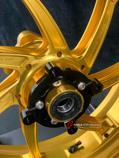We manufacture premium quality forged motorcycle wheels rims for KAWASAKI ZX10R ZX10RR in any design, size, color.

Wheel sizes (motorcycle spec):

Front: 3.5 x 17

Rear: 6 x 17

Weight:

Front: 4.2 kg (19.26 lbs)

Rear: 5 kg (11.02 lbs)


Finishing: Satin Gold

Forza Performance Group engineers and manufactures each forged motorcycle wheel individually per order. This ensures precise fitment, uncompromised strength, and unique styling. Whether for racing, touring, or daily use — our wheels are built for bo