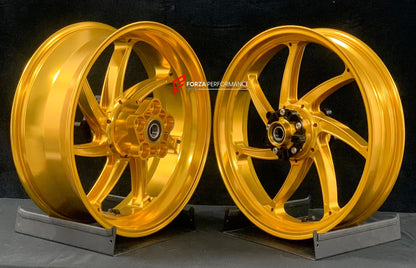 We manufacture premium quality forged motorcycle wheels rims for KAWASAKI ZX10R ZX10RR in any design, size, color.

Wheel sizes (motorcycle spec):

Front: 3.5 x 17

Rear: 6 x 17

Weight:

Front: 4.2 kg (19.26 lbs)

Rear: 5 kg (11.02 lbs)


Finishing: Satin Gold

Forza Performance Group engineers and manufactures each forged motorcycle wheel individually per order. This ensures precise fitment, uncompromised strength, and unique styling. Whether for racing, touring, or daily use — our wheels are built for bo