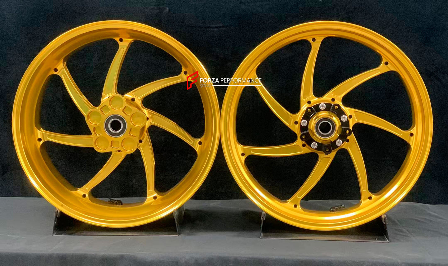 We manufacture premium quality forged motorcycle wheels rims for KAWASAKI ZX10R ZX10RR in any design, size, color.

Wheel sizes (motorcycle spec):

Front: 3.5 x 17

Rear: 6 x 17

Weight:

Front: 4.2 kg (19.26 lbs)

Rear: 5 kg (11.02 lbs)


Finishing: Satin Gold

Forza Performance Group engineers and manufactures each forged motorcycle wheel individually per order. This ensures precise fitment, uncompromised strength, and unique styling. Whether for racing, touring, or daily use — our wheels are built for bo