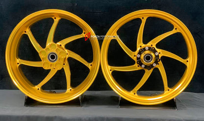 We manufacture premium quality forged motorcycle wheels rims for KAWASAKI ZX10R ZX10RR in any design, size, color.

Wheel sizes (motorcycle spec):

Front: 3.5 x 17

Rear: 6 x 17

Weight:

Front: 4.2 kg (19.26 lbs)

Rear: 5 kg (11.02 lbs)


Finishing: Satin Gold

Forza Performance Group engineers and manufactures each forged motorcycle wheel individually per order. This ensures precise fitment, uncompromised strength, and unique styling. Whether for racing, touring, or daily use — our wheels are built for bo