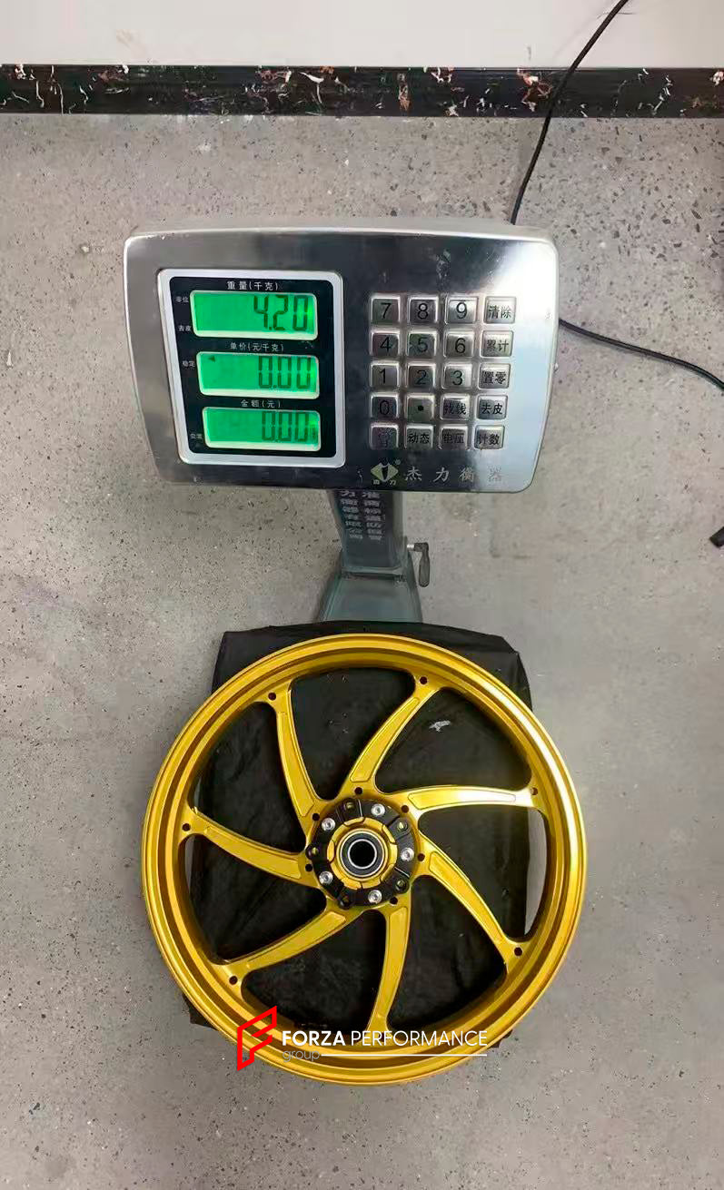 We manufacture premium quality forged motorcycle wheels rims for KAWASAKI ZX10R ZX10RR in any design, size, color.

Wheel sizes (motorcycle spec):

Front: 3.5 x 17

Rear: 6 x 17

Weight:

Front: 4.2 kg (19.26 lbs)

Rear: 5 kg (11.02 lbs)


Finishing: Satin Gold

Forza Performance Group engineers and manufactures each forged motorcycle wheel individually per order. This ensures precise fitment, uncompromised strength, and unique styling. Whether for racing, touring, or daily use — our wheels are built for bo