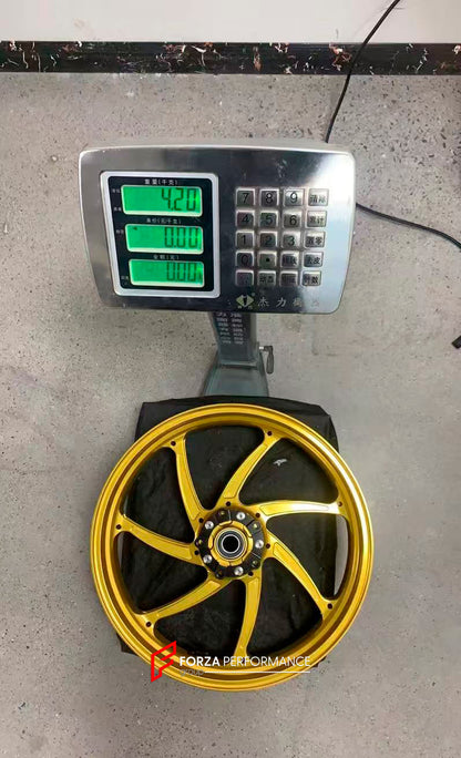 We manufacture premium quality forged motorcycle wheels rims for KAWASAKI ZX10R ZX10RR in any design, size, color.

Wheel sizes (motorcycle spec):

Front: 3.5 x 17

Rear: 6 x 17

Weight:

Front: 4.2 kg (19.26 lbs)

Rear: 5 kg (11.02 lbs)


Finishing: Satin Gold

Forza Performance Group engineers and manufactures each forged motorcycle wheel individually per order. This ensures precise fitment, uncompromised strength, and unique styling. Whether for racing, touring, or daily use — our wheels are built for bo