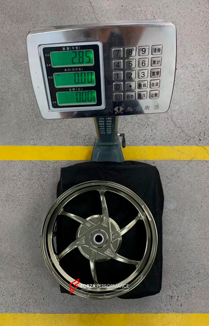 We manufacture premium quality forged motorcycle wheels rims for YAMAHA in any design, size, color.

Wheel sizes (motorcycle spec):

Front: 2.5 x 14

Rear: 3.5 x 14

Weight:

Front: 2.7 kg (5.95 lbs)

Rear: 2.85 kg (6.28 lbs)


Finishing: Gloss Bronze

Forza Performance Group engineers and manufactures each forged motorcycle wheel individually per order. This ensures precise fitment, uncompromised strength, and unique styling. Whether for racing, touring, or daily use — our wheels are built for both perform