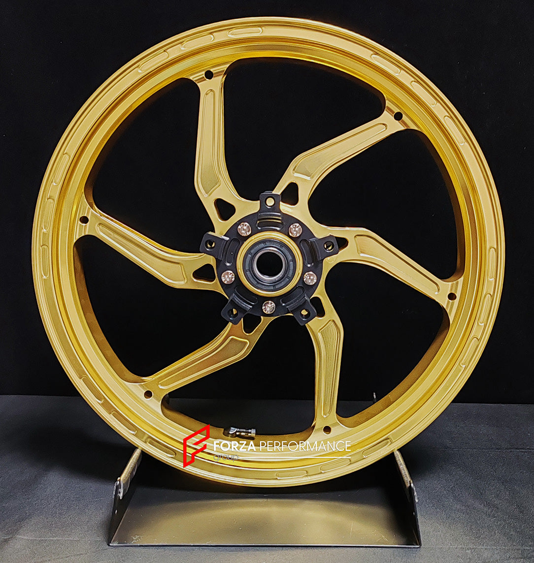 We manufacture premium quality forged motorcycle wheels rims for SUZUKI HAYABUSA in any design, size, color.

Wheel sizes (motorcycle spec):

Front: 3.5 x 17

Rear: 6 x 17

Weight:

Front: 4.65 kg (10.25 lbs)

Rear: 5.4 kg (11.9 lbs)


Finishing: Satin Gold

Forza Performance Group engineers and manufactures each forged motorcycle wheel individually per order. This ensures precise fitment, uncompromised strength, and unique styling. Whether for racing, touring, or daily use — our wheels are built for both p