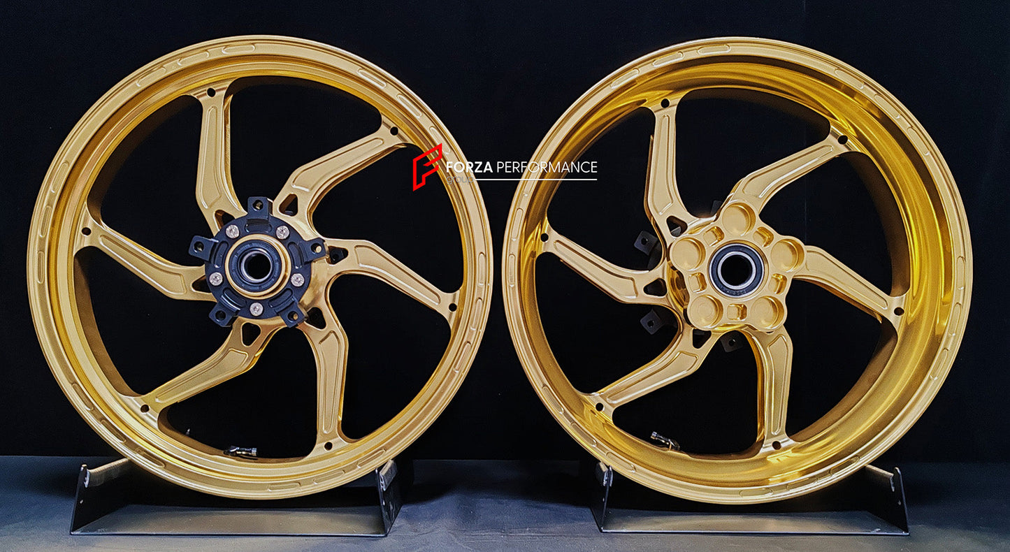 We manufacture premium quality forged motorcycle wheels rims for SUZUKI HAYABUSA in any design, size, color.

Wheel sizes (motorcycle spec):

Front: 3.5 x 17

Rear: 6 x 17

Weight:

Front: 4.65 kg (10.25 lbs)

Rear: 5.4 kg (11.9 lbs)


Finishing: Satin Gold

Forza Performance Group engineers and manufactures each forged motorcycle wheel individually per order. This ensures precise fitment, uncompromised strength, and unique styling. Whether for racing, touring, or daily use — our wheels are built for both p