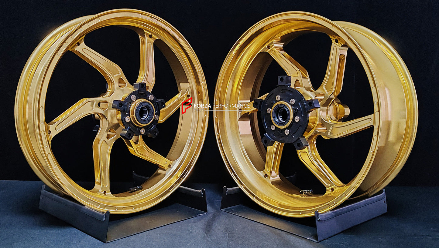 We manufacture premium quality forged motorcycle wheels rims for SUZUKI HAYABUSA in any design, size, color.

Wheel sizes (motorcycle spec):

Front: 3.5 x 17

Rear: 6 x 17

Weight:

Front: 4.65 kg (10.25 lbs)

Rear: 5.4 kg (11.9 lbs)


Finishing: Satin Gold

Forza Performance Group engineers and manufactures each forged motorcycle wheel individually per order. This ensures precise fitment, uncompromised strength, and unique styling. Whether for racing, touring, or daily use — our wheels are built for both p