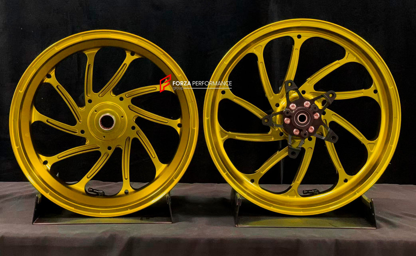We manufacture premium quality forged motorcycle wheels rims for YAMAHA in any design, size, color.

Wheel sizes (motorcycle spec):

Front: 3.5 x 15

Rear: 4 x 14

Weight:

Front: 3.95 kg (8.71 lbs)

Rear: 3.8 kg (8.38 lbs)

Finishing: Gloss Gold

Forza Performance Group engineers and manufactures each forged motorcycle wheel individually per order. This ensures precise fitment, uncompromised strength, and unique styling. Whether for racing, touring, or daily use — our wheels are built for both performance 