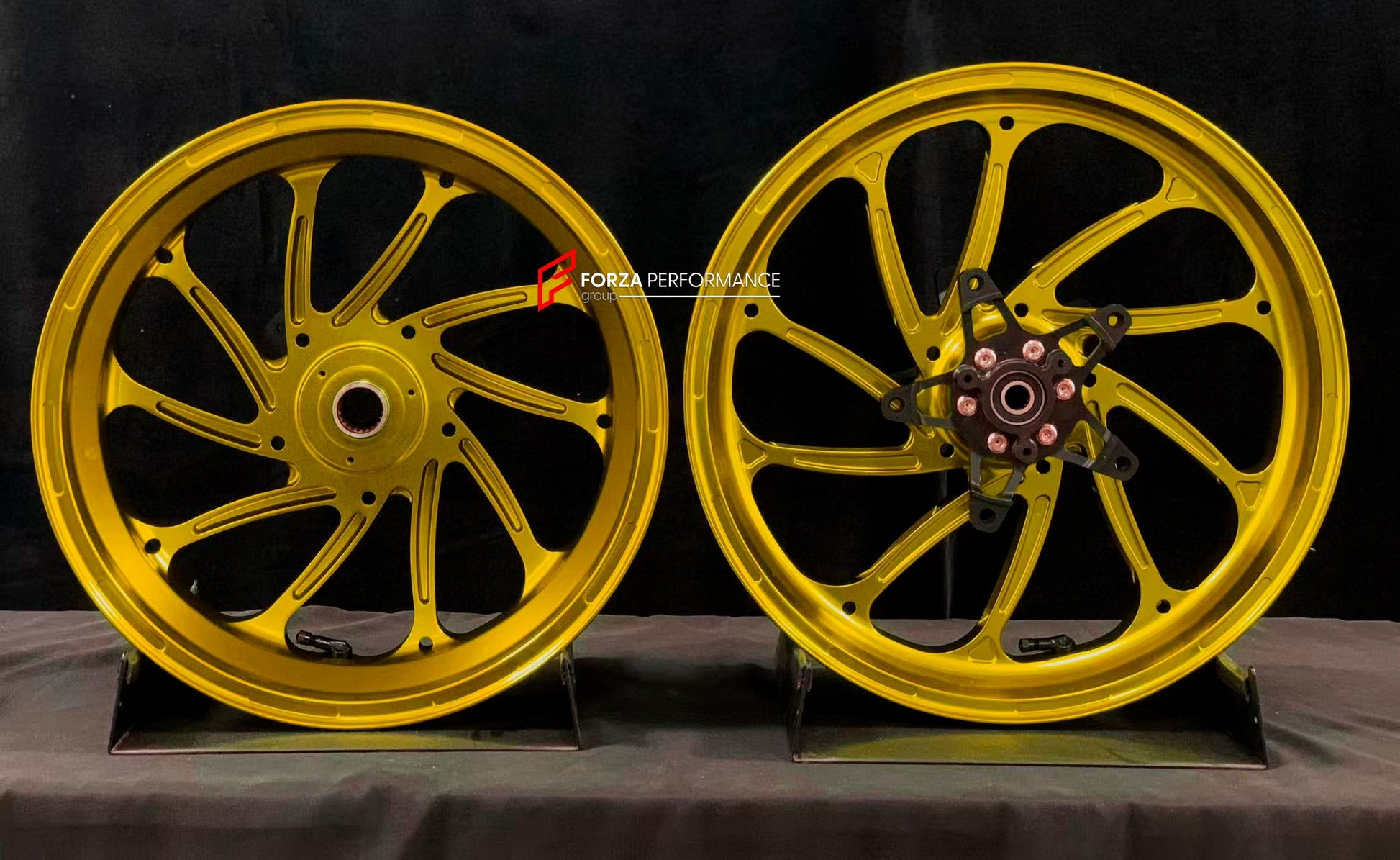 We manufacture premium quality forged motorcycle wheels rims for YAMAHA in any design, size, color.

Wheel sizes (motorcycle spec):

Front: 3.5 x 15

Rear: 4 x 14

Weight:

Front: 3.95 kg (8.71 lbs)

Rear: 3.8 kg (8.38 lbs)

Finishing: Gloss Gold

Forza Performance Group engineers and manufactures each forged motorcycle wheel individually per order. This ensures precise fitment, uncompromised strength, and unique styling. Whether for racing, touring, or daily use — our wheels are built for both performance 
