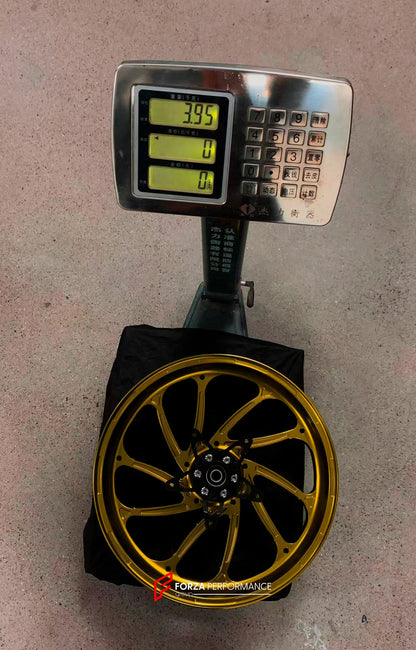 We manufacture premium quality forged motorcycle wheels rims for YAMAHA in any design, size, color.

Wheel sizes (motorcycle spec):

Front: 3.5 x 15

Rear: 4 x 14

Weight:

Front: 3.95 kg (8.71 lbs)

Rear: 3.8 kg (8.38 lbs)

Finishing: Gloss Gold

Forza Performance Group engineers and manufactures each forged motorcycle wheel individually per order. This ensures precise fitment, uncompromised strength, and unique styling. Whether for racing, touring, or daily use — our wheels are built for both performance 