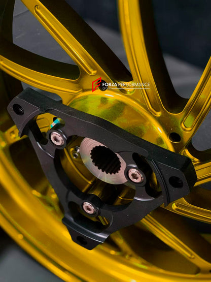 We manufacture premium quality forged motorcycle wheels rims for YAMAHA in any design, size, color.

Wheel sizes (motorcycle spec):

Front: 3.5 x 15

Rear: 4 x 14

Weight:

Front: 3.95 kg (8.71 lbs)

Rear: 3.8 kg (8.38 lbs)

Finishing: Gloss Gold

Forza Performance Group engineers and manufactures each forged motorcycle wheel individually per order. This ensures precise fitment, uncompromised strength, and unique styling. Whether for racing, touring, or daily use — our wheels are built for both performance 