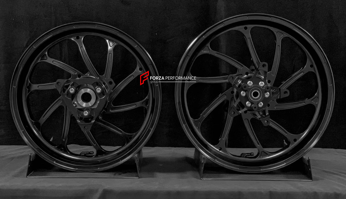 We manufacture premium quality forged motorcycle wheels rims for YAMAHA in any design, size, color.

Wheel sizes (motorcycle spec):

Front: 3.5 x 15

Rear: 4 x 14

Weight:

Front: 3.95 kg (8.71 lbs)

Rear: 3.8 kg (8.38 lbs)


Finishing: Satin Black

Forza Performance Group engineers and manufactures each forged motorcycle wheel individually per order. This ensures precise fitment, uncompromised strength, and unique styling. Whether for racing, touring, or daily use — our wheels are built for both performanc