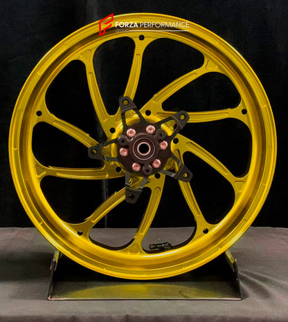 We manufacture premium quality forged motorcycle wheels rims for YAMAHA in any design, size, color.

Wheel sizes (motorcycle spec):

Front: 3.5 x 15

Rear: 4 x 14

Weight:

Front: 3.95 kg (8.71 lbs)

Rear: 3.8 kg (8.38 lbs)

Finishing: Gloss Gold

Forza Performance Group engineers and manufactures each forged motorcycle wheel individually per order. This ensures precise fitment, uncompromised strength, and unique styling. Whether for racing, touring, or daily use — our wheels are built for both performance 