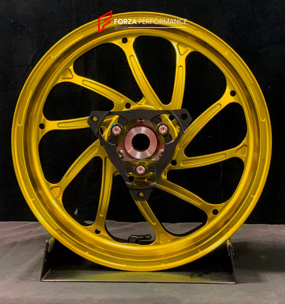 We manufacture premium quality forged motorcycle wheels rims for YAMAHA in any design, size, color.

Wheel sizes (motorcycle spec):

Front: 3.5 x 15

Rear: 4 x 14

Weight:

Front: 3.95 kg (8.71 lbs)

Rear: 3.8 kg (8.38 lbs)

Finishing: Gloss Gold

Forza Performance Group engineers and manufactures each forged motorcycle wheel individually per order. This ensures precise fitment, uncompromised strength, and unique styling. Whether for racing, touring, or daily use — our wheels are built for both performance 