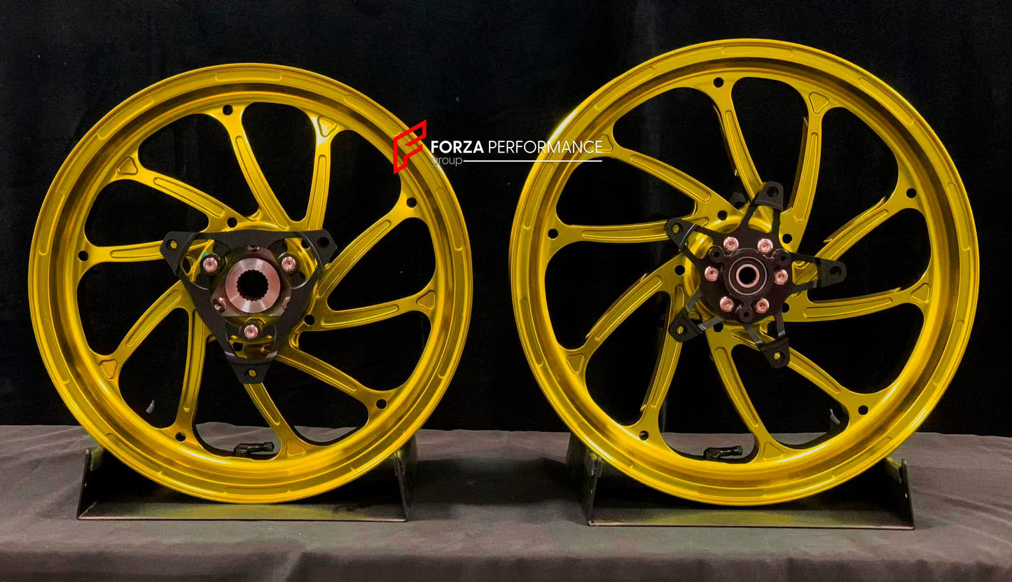 We manufacture premium quality forged motorcycle wheels rims for YAMAHA in any design, size, color.

Wheel sizes (motorcycle spec):

Front: 3.5 x 15

Rear: 4 x 14

Weight:

Front: 3.95 kg (8.71 lbs)

Rear: 3.8 kg (8.38 lbs)

Finishing: Gloss Gold

Forza Performance Group engineers and manufactures each forged motorcycle wheel individually per order. This ensures precise fitment, uncompromised strength, and unique styling. Whether for racing, touring, or daily use — our wheels are built for both performance 
