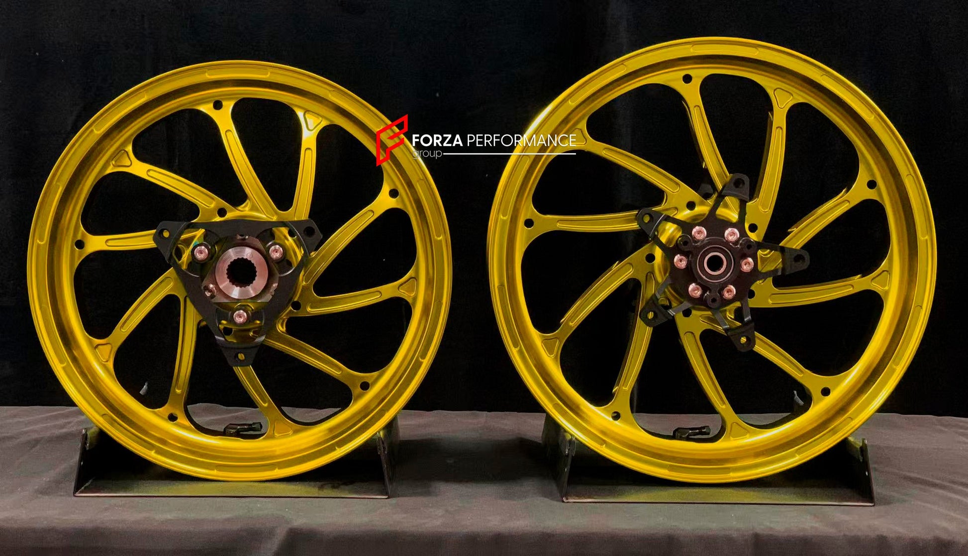 We manufacture premium quality forged motorcycle wheels rims for YAMAHA in any design, size, color.

Wheel sizes (motorcycle spec):

Front: 3.5 x 15

Rear: 4 x 14

Weight:

Front: 3.95 kg (8.71 lbs)

Rear: 3.8 kg (8.38 lbs)

Finishing: Gloss Gold

Forza Performance Group engineers and manufactures each forged motorcycle wheel individually per order. This ensures precise fitment, uncompromised strength, and unique styling. Whether for racing, touring, or daily use — our wheels are built for both performance 