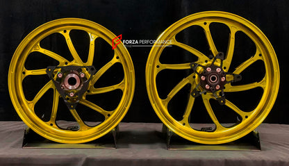 We manufacture premium quality forged motorcycle wheels rims for YAMAHA in any design, size, color.

Wheel sizes (motorcycle spec):

Front: 3.5 x 15

Rear: 4 x 14

Weight:

Front: 3.95 kg (8.71 lbs)

Rear: 3.8 kg (8.38 lbs)

Finishing: Gloss Gold

Forza Performance Group engineers and manufactures each forged motorcycle wheel individually per order. This ensures precise fitment, uncompromised strength, and unique styling. Whether for racing, touring, or daily use — our wheels are built for both performance 