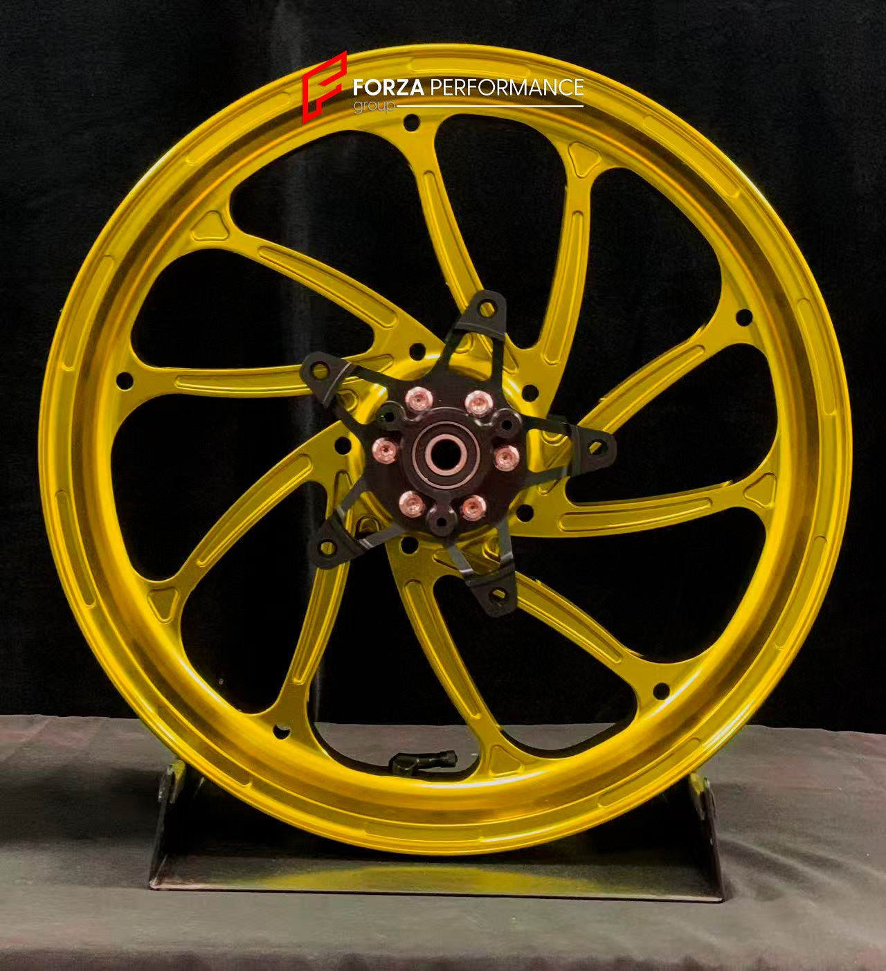 We manufacture premium quality forged motorcycle wheels rims for YAMAHA in any design, size, color.

Wheel sizes (motorcycle spec):

Front: 3.5 x 15

Rear: 4 x 14

Weight:

Front: 3.95 kg (8.71 lbs)

Rear: 3.8 kg (8.38 lbs)

Finishing: Gloss Gold

Forza Performance Group engineers and manufactures each forged motorcycle wheel individually per order. This ensures precise fitment, uncompromised strength, and unique styling. Whether for racing, touring, or daily use — our wheels are built for both performance 