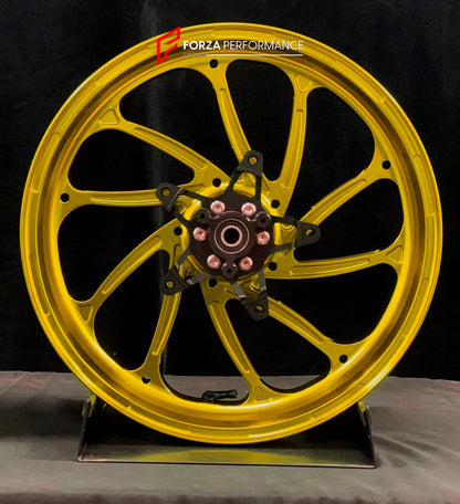 We manufacture premium quality forged motorcycle wheels rims for YAMAHA in any design, size, color.

Wheel sizes (motorcycle spec):

Front: 3.5 x 15

Rear: 4 x 14

Weight:

Front: 3.95 kg (8.71 lbs)

Rear: 3.8 kg (8.38 lbs)

Finishing: Gloss Gold

Forza Performance Group engineers and manufactures each forged motorcycle wheel individually per order. This ensures precise fitment, uncompromised strength, and unique styling. Whether for racing, touring, or daily use — our wheels are built for both performance 