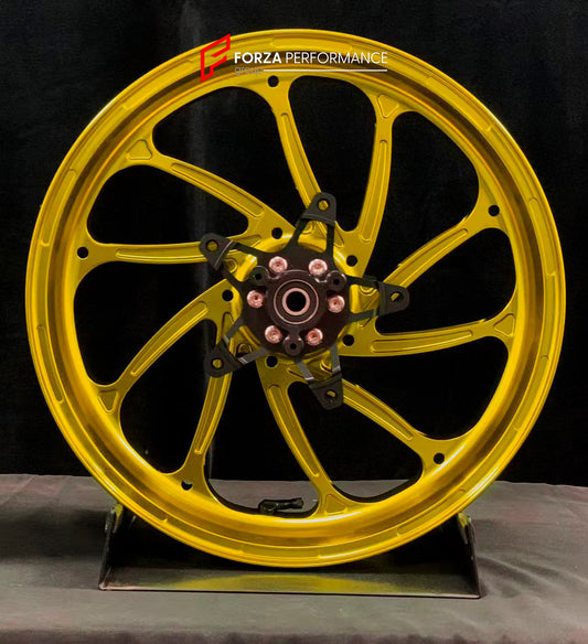 We manufacture premium quality forged motorcycle wheels rims for YAMAHA in any design, size, color.

Wheel sizes (motorcycle spec):

Front: 3.5 x 15

Rear: 4 x 14

Weight:

Front: 3.95 kg (8.71 lbs)

Rear: 3.8 kg (8.38 lbs)

Finishing: Gloss Gold

Forza Performance Group engineers and manufactures each forged motorcycle wheel individually per order. This ensures precise fitment, uncompromised strength, and unique styling. Whether for racing, touring, or daily use — our wheels are built for both performance 